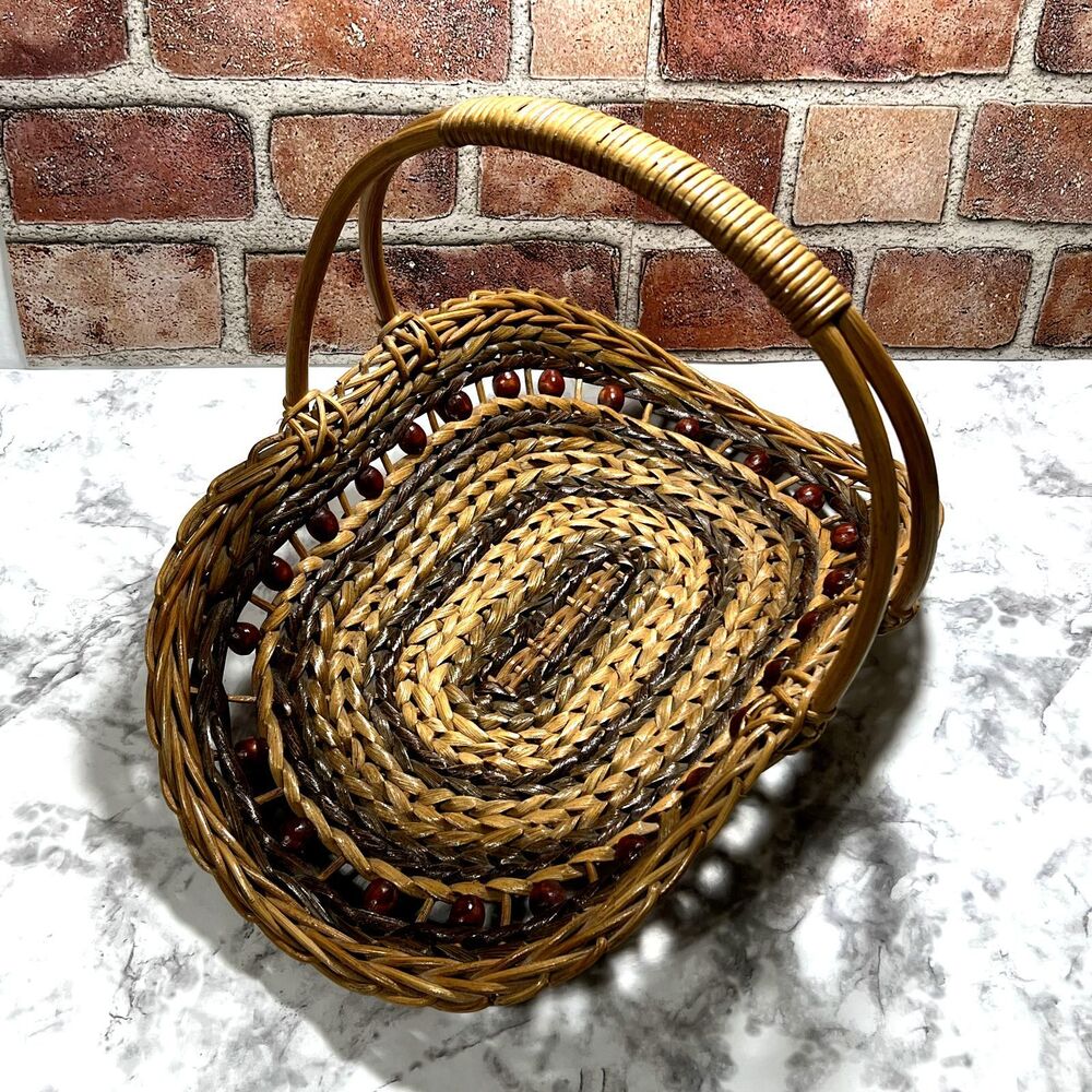 Vintage Gathering Basket With Wooden Beads | Wicker Magazine RacK | Towel Basket